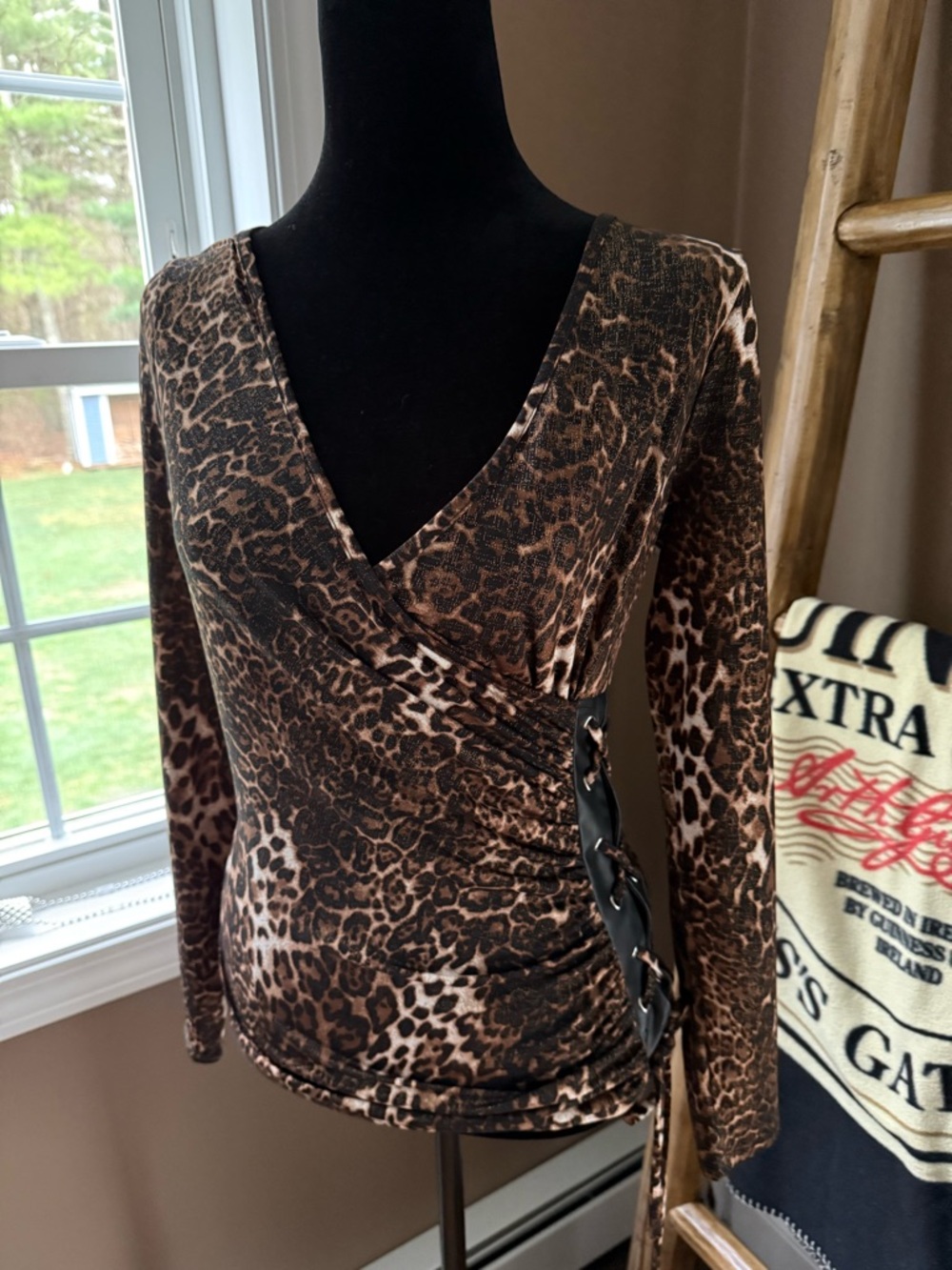 VENUS Leopard Print Lace-Up Side Blouse in Brown and Black